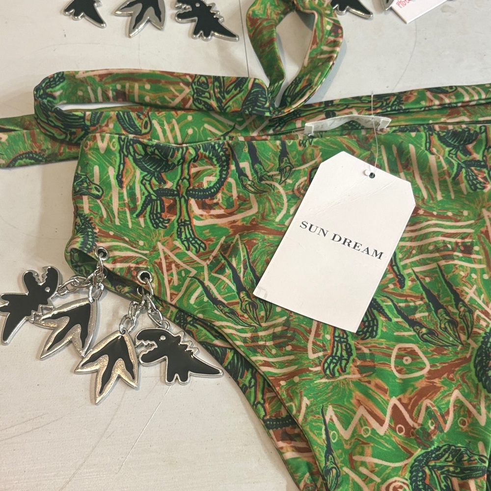 #30 Green Patterned Bikini with Silver Charms - Picture 3 of 5